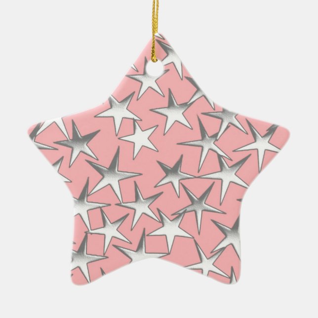 Silver stars, on shell pink ceramic ornament (Front)