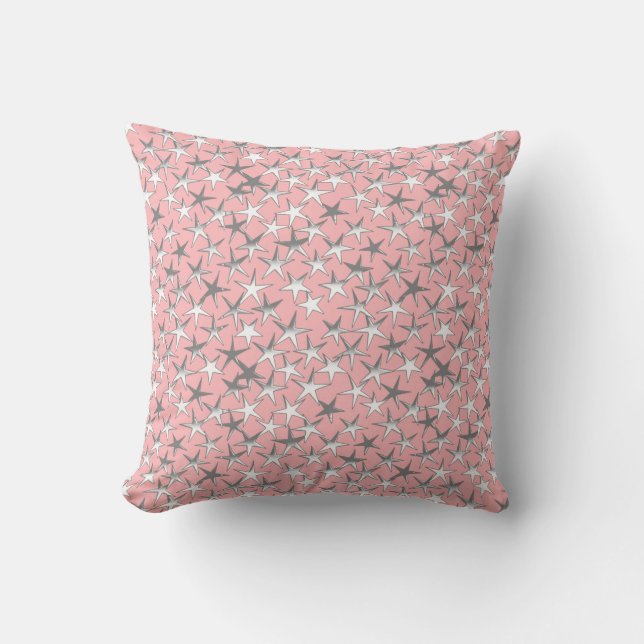 Silver stars, on shell pink throw pillow (Front)