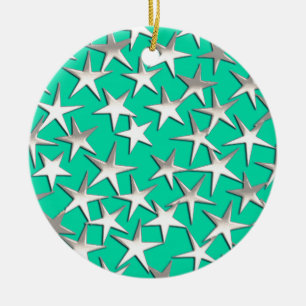 Silver stars on turquoise ceramic ornament