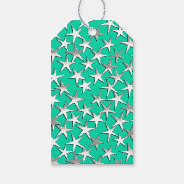 Silver stars on turquoise gift tags (Front)