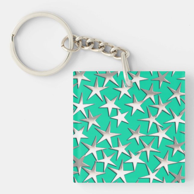 Silver stars on turquoise keychain (Front)
