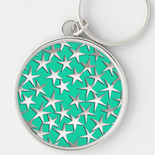 Silver stars on turquoise keychain (Front)