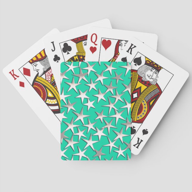Silver stars on turquoise playing cards (Back)