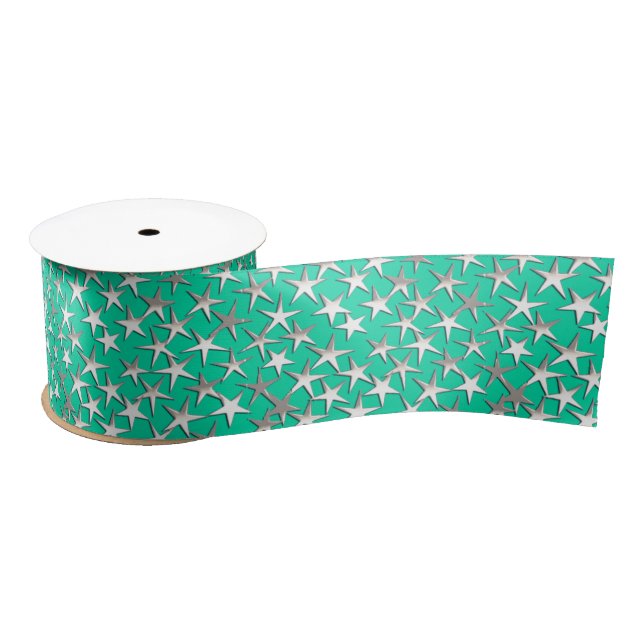 Silver Stars on Turquoise  Satin Ribbon (Spool)