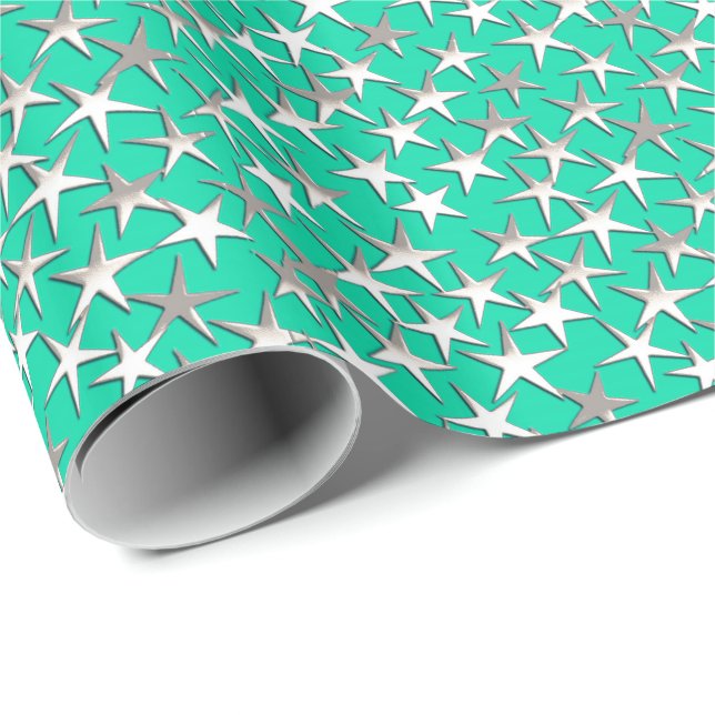 Silver stars on turquoise wrapping paper (Roll Corner)