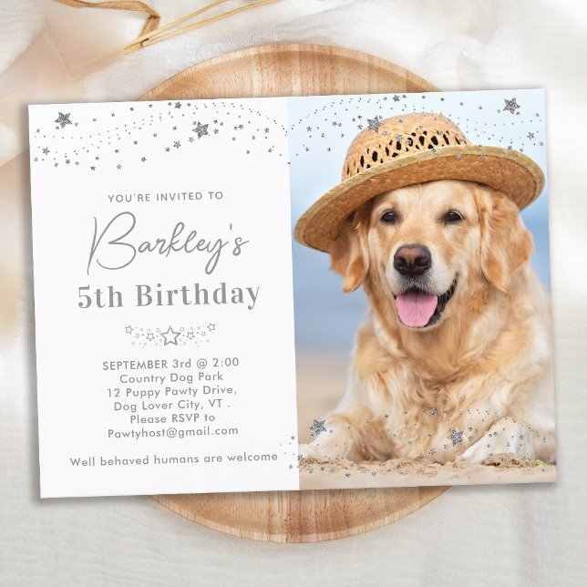 Silver Stars Personalized Pet Photo Dog Birthday Invitation Postcard (Creator Uploaded)