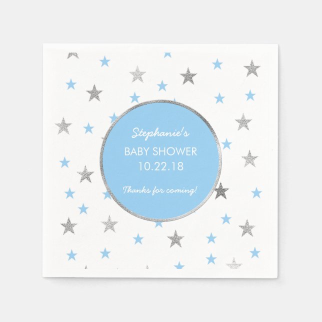 Silver Stars Twinkle Baby Shower decor, blue boy Napkin (Front)