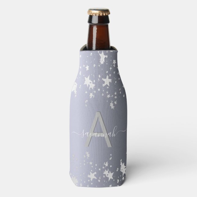 Silver stars white party monogram name bottle cooler (Bottle Front)