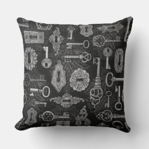 Silver Steampunk Keys and Key Holes Throw PIllow