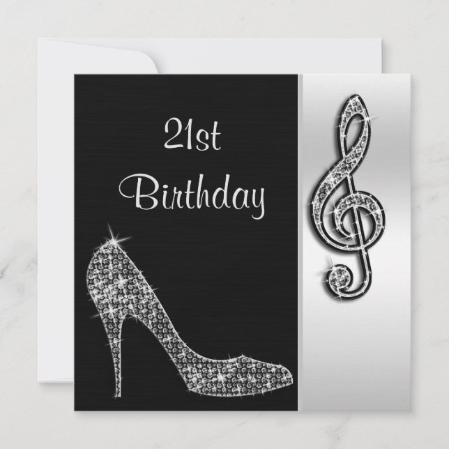 Silver Stiletto & Treble Cleft 21st Birthday Invitation (Front)