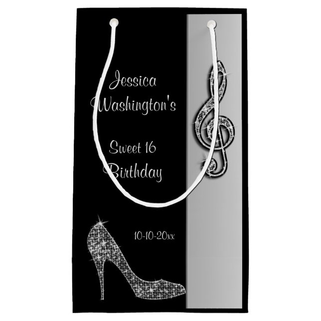 Silver Stiletto & Treble Cleft Sweet 16 Birthday Small Gift Bag (Front)