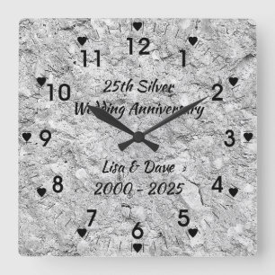 Silver Stone 25th Silver Wedding Anniversary Square Wall Clock