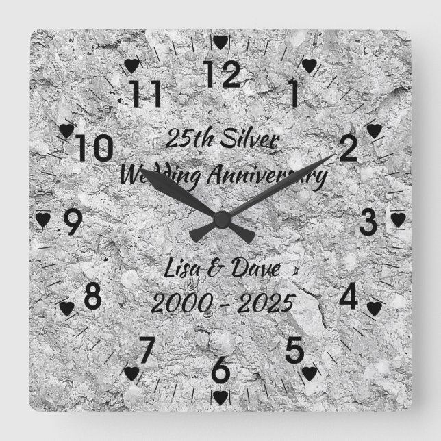 Silver Stone 25th Silver Wedding Anniversary Square Wall Clock (Front)