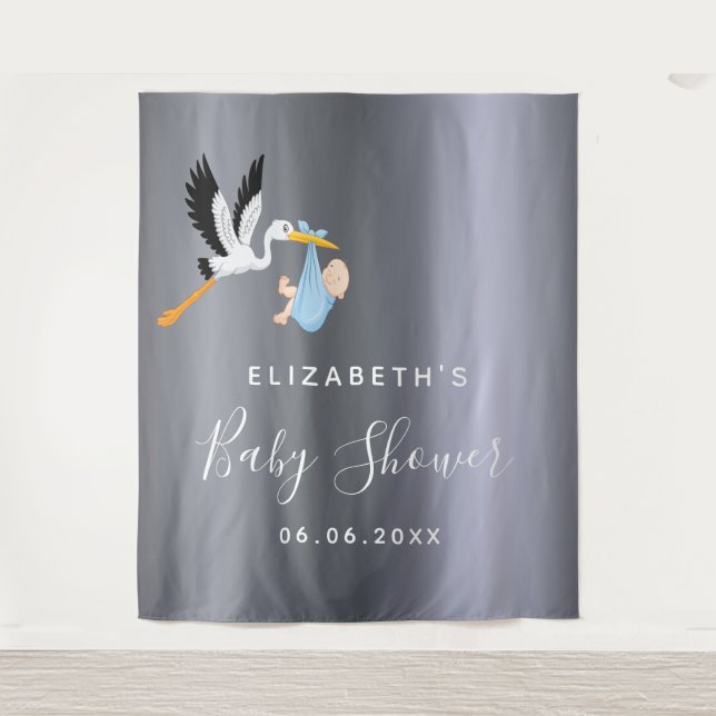 Silver stork blue boy baby shower tapestry (Front)