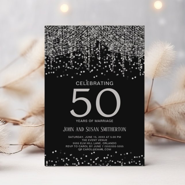 Silver String Light Glitter Black 50th Anniversary Invitation (Elegant silver and black 50th anniversary invitation)