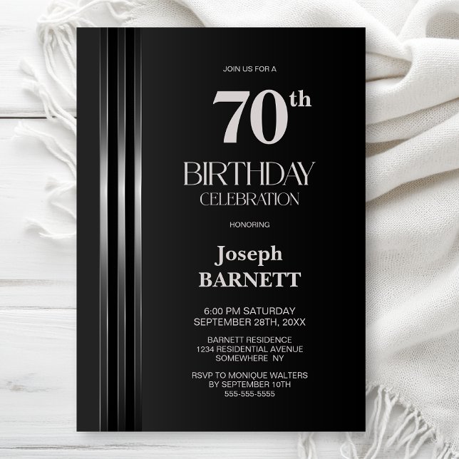 Silver Striped Black Grey 70th Birthday Party Invitation (Creator Uploaded)