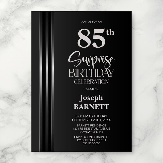 Silver Striped Black Grey 85th Surprise Birthday Invitation (Creator Uploaded)