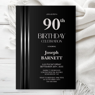 Silver Striped Black Grey 90th Birthday Party Invitation