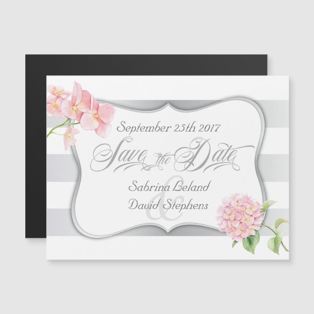 Silver Stripes and Pink Hydrangeas Save the Date Magnetic Invitation (Front/Back)