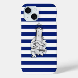Silver Style Lighthouse on Blue Nautical Stripes iPhone 15 Case