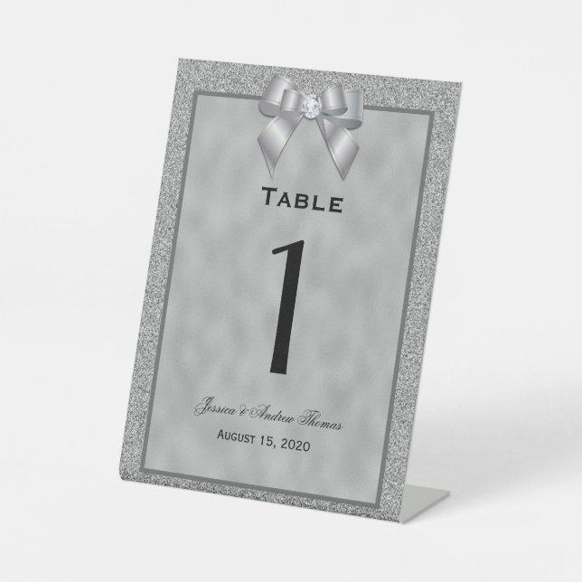 Silver & Stylish Glitter Wedding Table Number Pedestal Sign (Front)