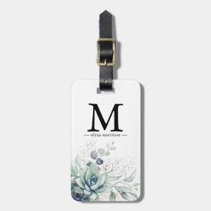 Silver Succulents Greenery Monogram  Luggage Tag