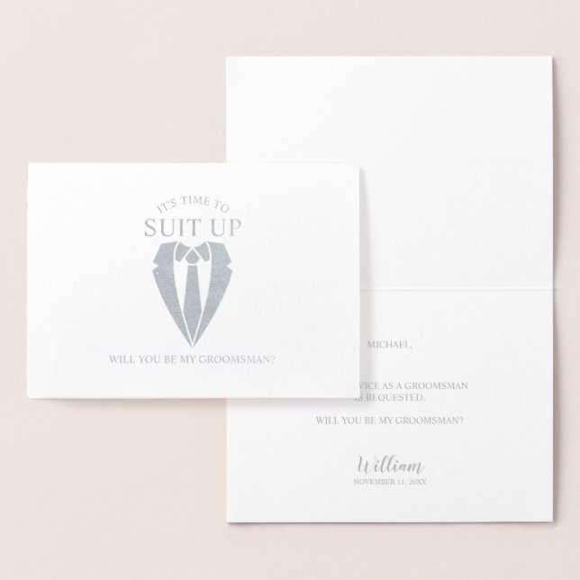 Silver Suit Personalized Groomsman Proposal Foil Card (Display)