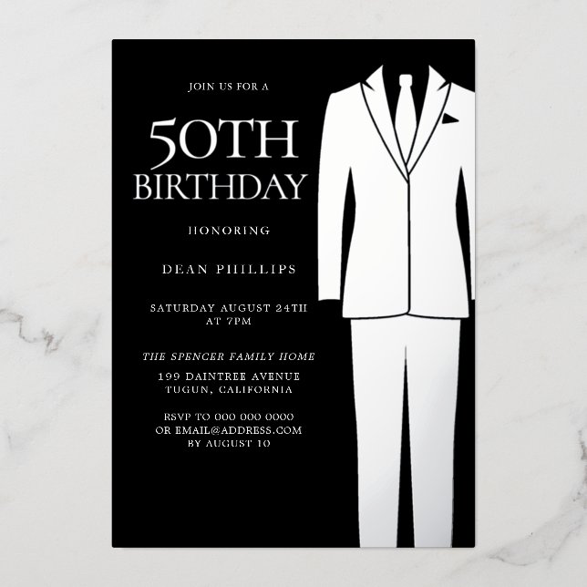 Silver Suit & Tie Black Mens 50th Birthday Party  (Front)