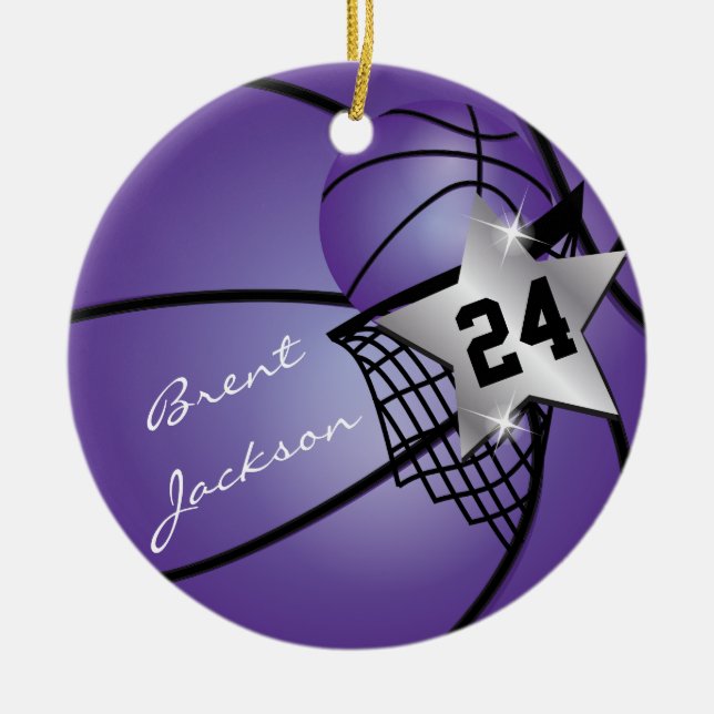 Silver Superstar Basketball | DIY Text | Purple Ceramic Ornament (Front)