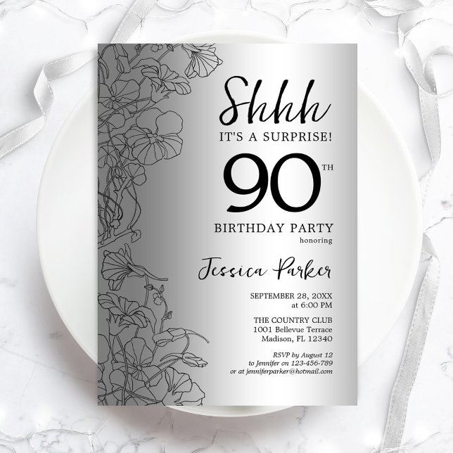 Silver Surprise 90th Birthday Invitation (Creator Uploaded)