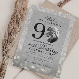 Silver SURPRISE Photo Glam 90th Birthday  Invitation