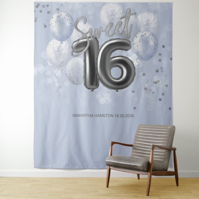 Silver Sweet 16 Bday Balloons Dusty Blue Backdrop Tapestry (In Situ)