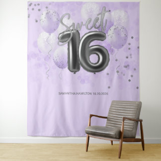 Silver Sweet 16 Bday Balloons Lavender Backdrop Tapestry
