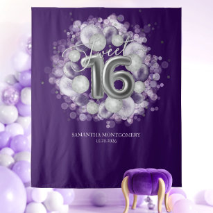 Silver Sweet 16 Bday Balloons Purple Backdrop Tapestry