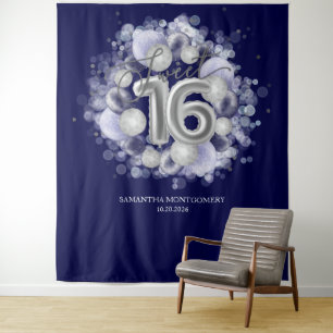 Silver Sweet 16 Bday Balloons Royal Blue Backdrop Tapestry