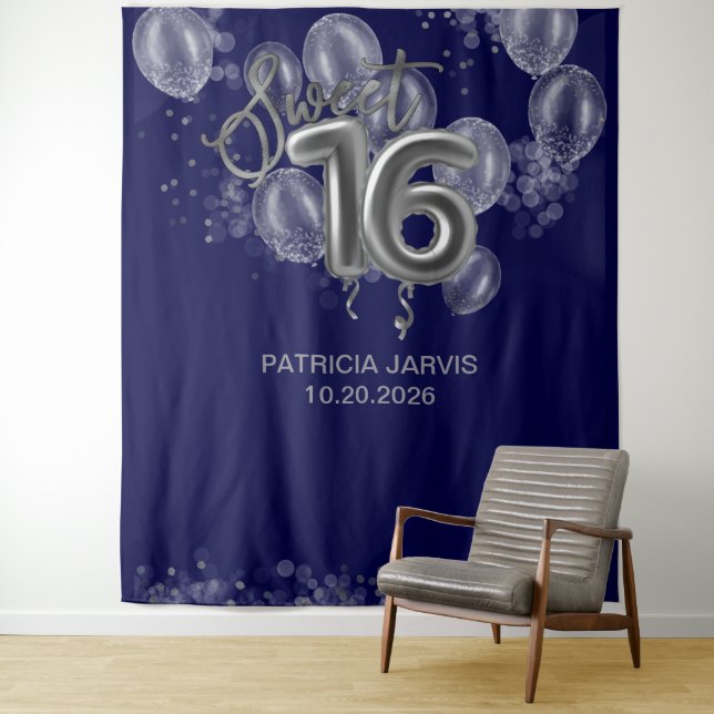 Silver Sweet 16 Bday Balloons Royal Blue Backdrops Tapestry (In Situ)