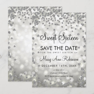 Silver Sweet 16 Save The Date Glitter Lights Invitation