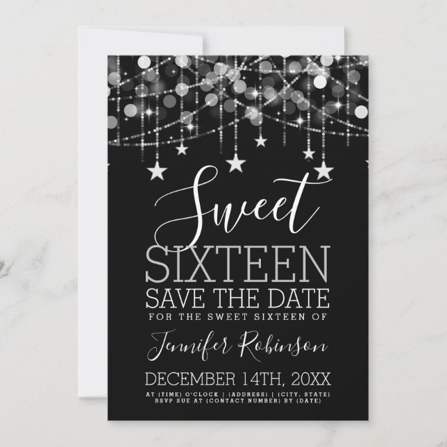 Silver Sweet 16 Sparkly String Lights Save Date Save The Date (Front)