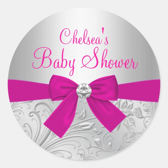 Silver Swirl & Bow Baby Shower Sticker (Front)