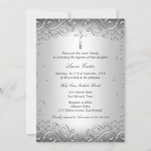 Silver Swirl & Cross Baptism/Christening Invitation