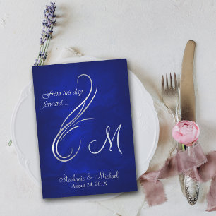 Silver Swirl Monogram Bright Blue Wedding Invitation