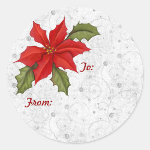 Silver Swirl Poinsettia Classic Round Sticker