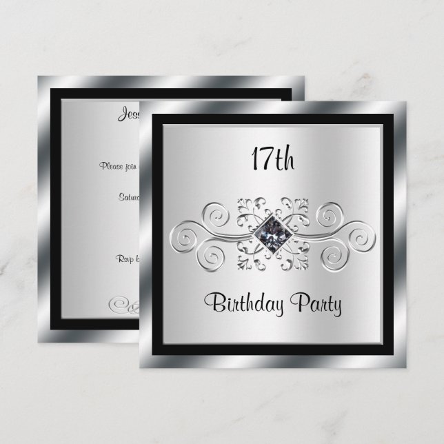 Silver Swirls & Diamond 17th Birthday Party Invitation (Front/Back)