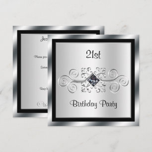 Silver Swirls & Diamond 21st Birthday Party Invitation