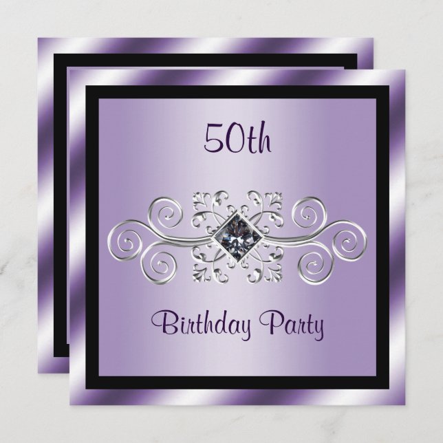Silver Swirls & Diamond 50th Birthday Party Invitation (Front/Back)