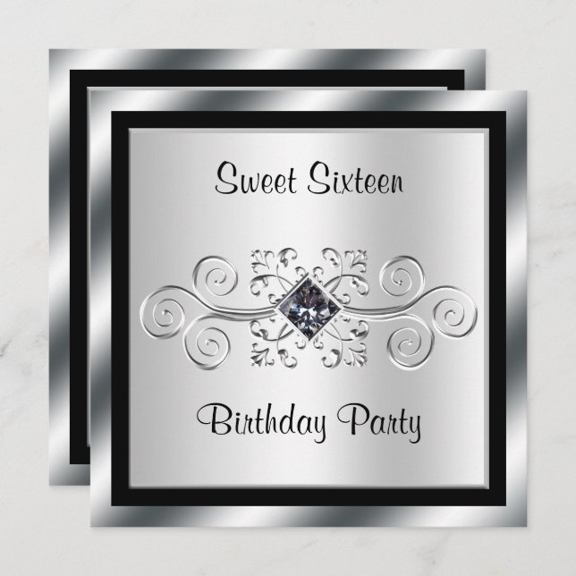 Silver Swirls & Diamond Sweet 16 Birthday Party Invitation (Front/Back)