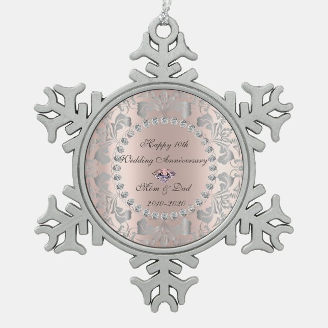 Silver Swirls Rose Gold 10th Wedding Anniversary Snowflake Pewter Christmas Ornament (Front)