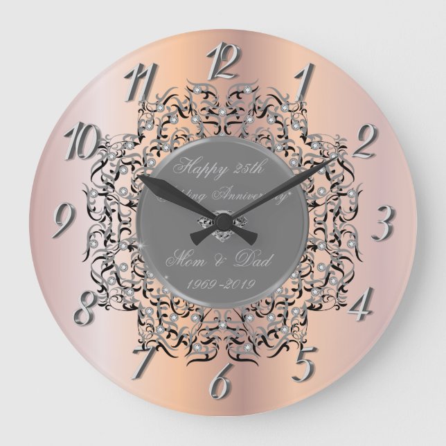 Silver Swirls Rose Gold 50 Wedding Anniversary Large Clock (Front)