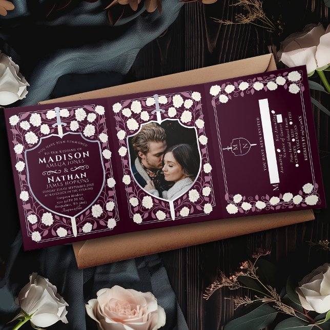 Silver Sword & Shield Medieval Fantasy Wedding Red Tri-Fold Invitation (Creator Uploaded)