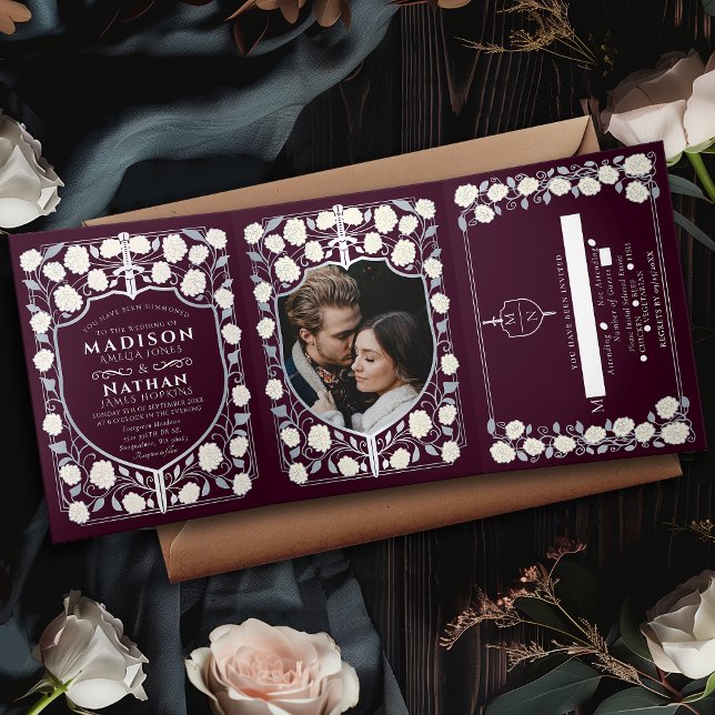 Silver Sword & Shield Medieval Fantasy Wedding Red Tri-Fold Invitation (Creator Uploaded)